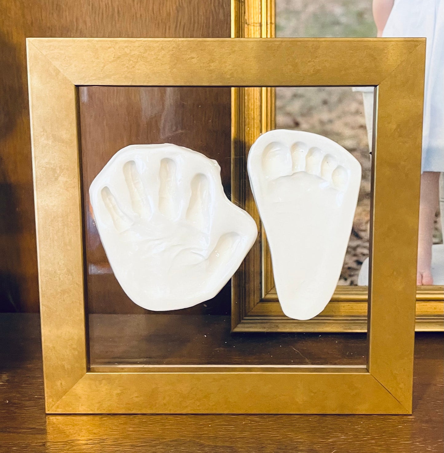 Gold Frame with Newborn Hand and Foot or Toddler Hand